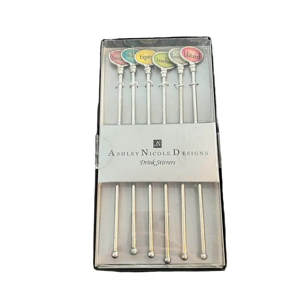 NIB Ashley Nicole Designs Six Metal Novelty Swizzle Sticks Drinking Spell Outs